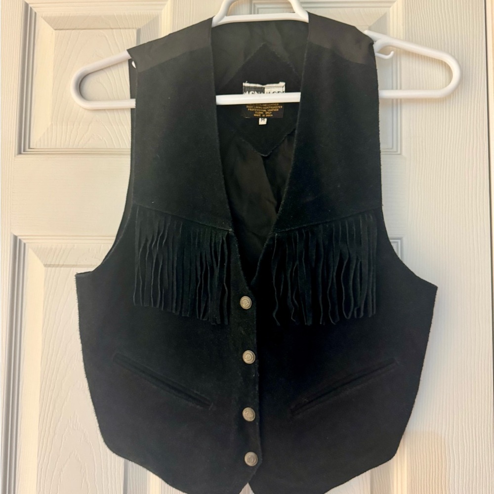 Vintage Monamode Black Leather Vest with Fringe